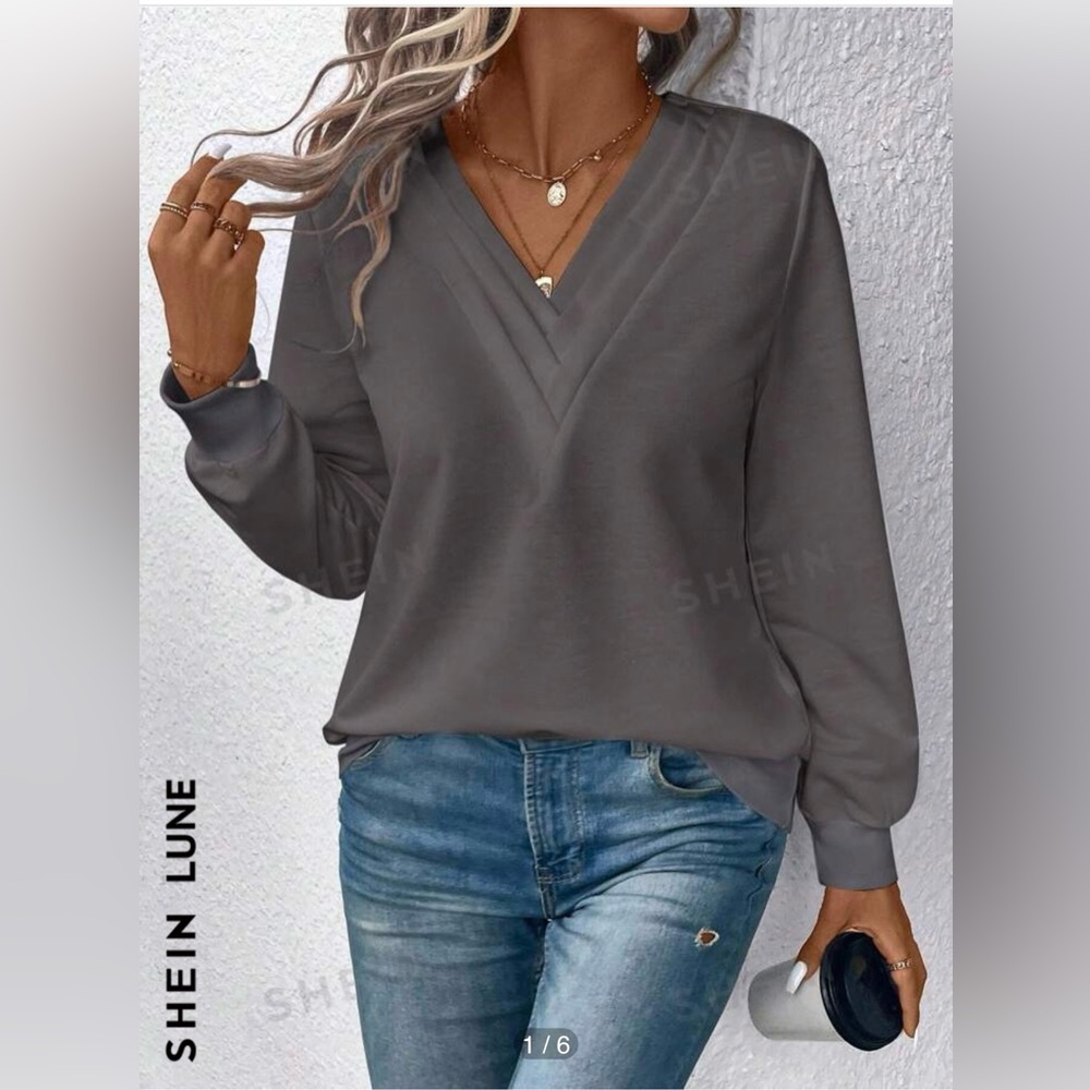 SHEIN LUNE Solid V Neck Sweatshirt - gray -large
